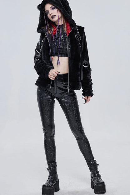 Black Punk Cuff Pleated Design Metal Five-Pointed Star Shape Belt Decoration Cat Ear Women's Coat