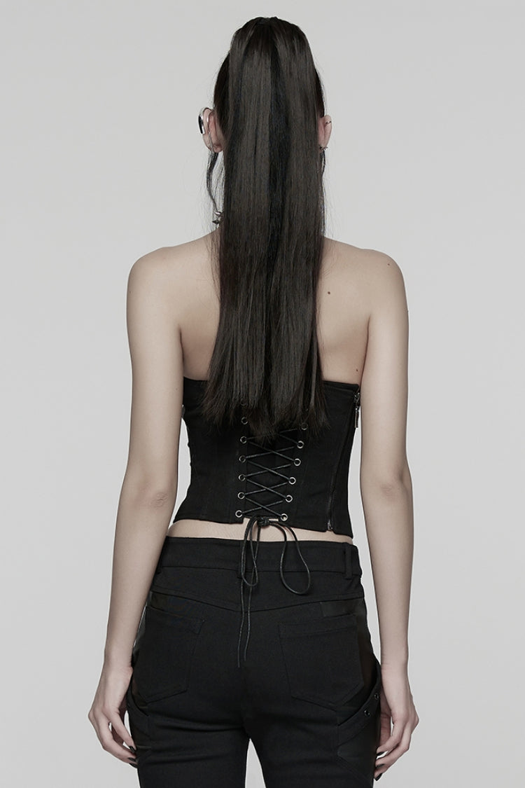Black Sleeveless Lace-Up Side Zipper Pleated Women's Punk Corset