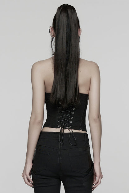 Black Sleeveless Lace-Up Side Zipper Pleated Women's Punk Corset