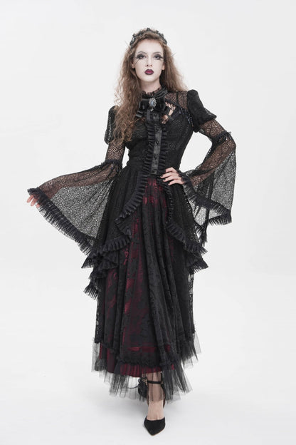 Black Stand Collar Long Trumpet Sleeves Cut-Out Women's Gothic Gorgeous Blouse