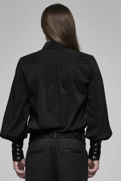 Black V Collar Long Puff Sleeves Hollow Lace-Up Mens Gothic Blouse