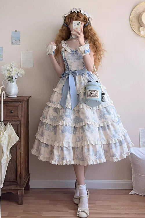 Blue [Grape Moon Almanac] Sleeveless Multi-Layered Printed Ruffled Bow Adjustable-Length Sweet Lolita Jsk Dress