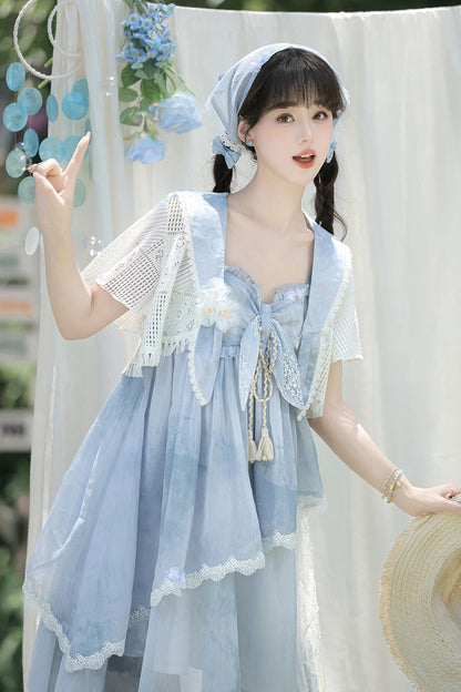 Blue [Clouds Resting in the Wilderness] Print Ruffle Embroidery Bowknot Lace Irregular Lolita Jsk Dress