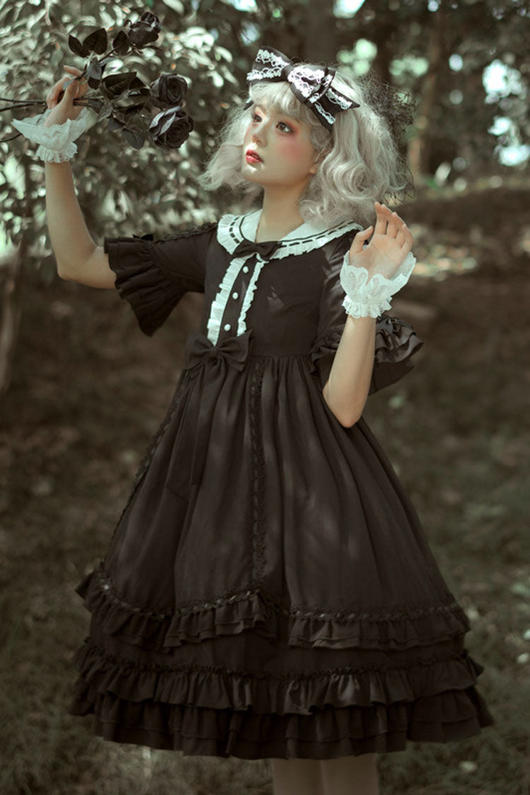 Black Short Sleeves High Waisted Bowknot Ruffled Multi-Layer Gothic Lolita Op Dress