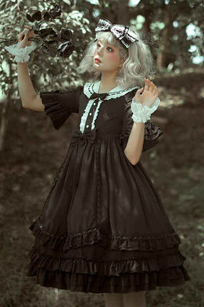 Black Short Sleeves High Waisted Bowknot Ruffled Multi-Layer Gothic Lolita Op Dress