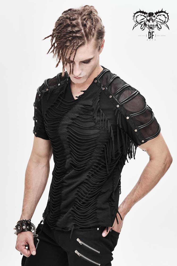 Black Tattered Striped Shoulder Splice Mesh Short Sleeve Men's Punk T-Shirt