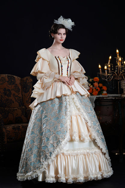 Blue/Champagne Half Trumpet Sleeves Ruffle Embroidery Cardigan Lace Classic Princess Palace Lolita Victorian Dress
