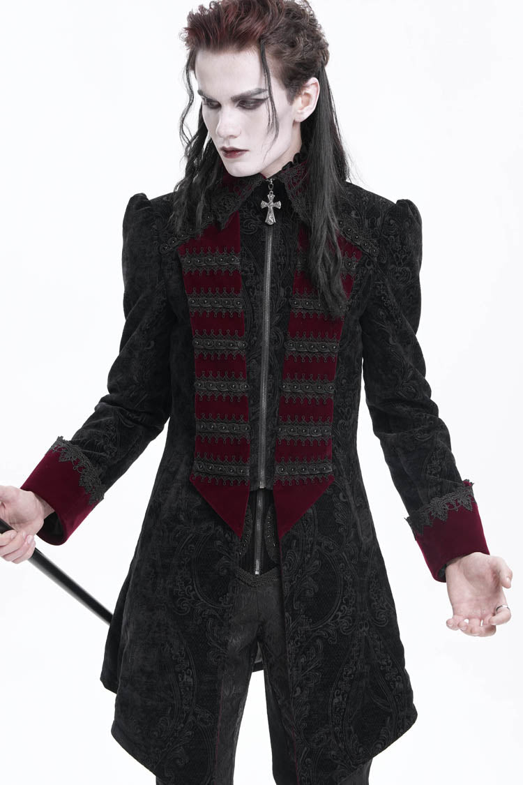 Black/Red Lapel Collar Long Sleeves Crochet  Men's Gothic Jacket