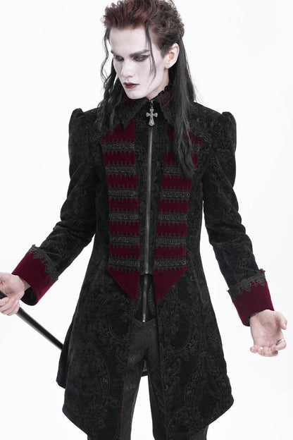 Black/Red Lapel Collar Long Sleeves Crochet  Men's Gothic Jacket
