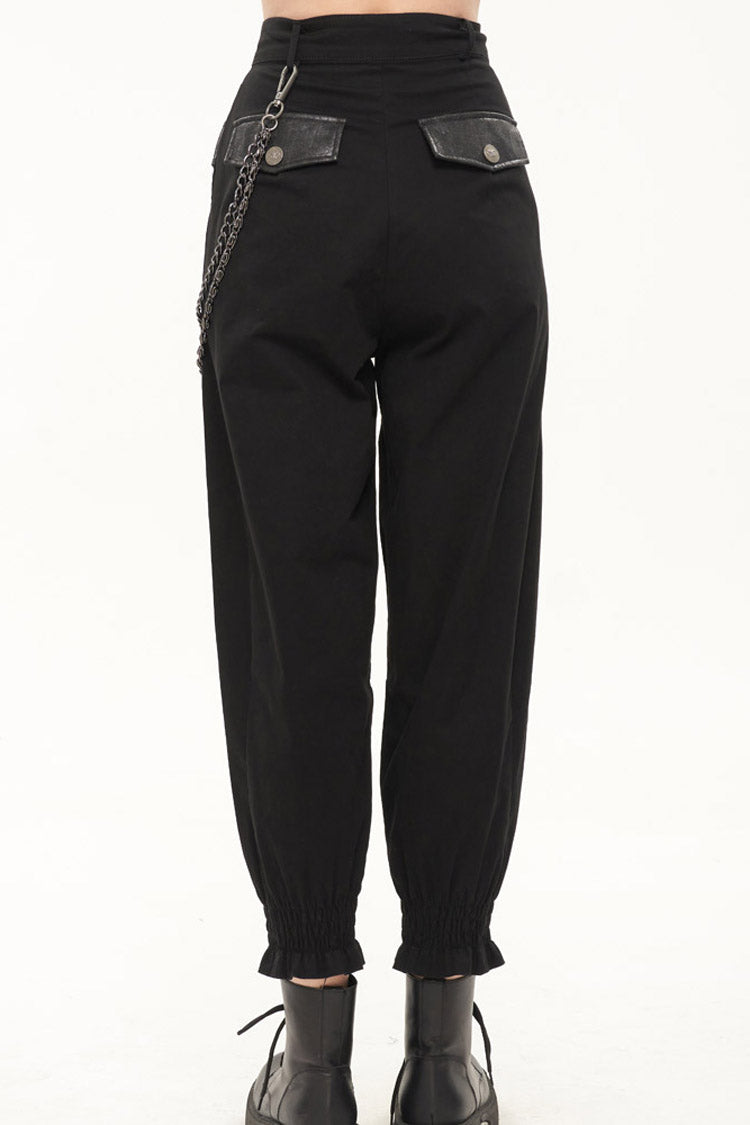Black Punk Cutout Leather Splicing Detachable Metal Chain Women's Long Pants