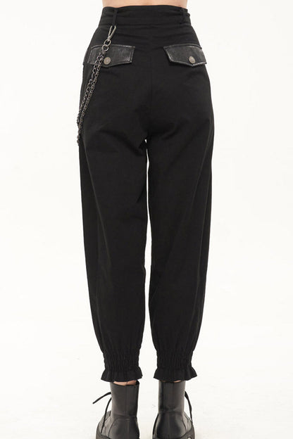 Black Punk Cutout Leather Splicing Detachable Metal Chain Women's Long Pants