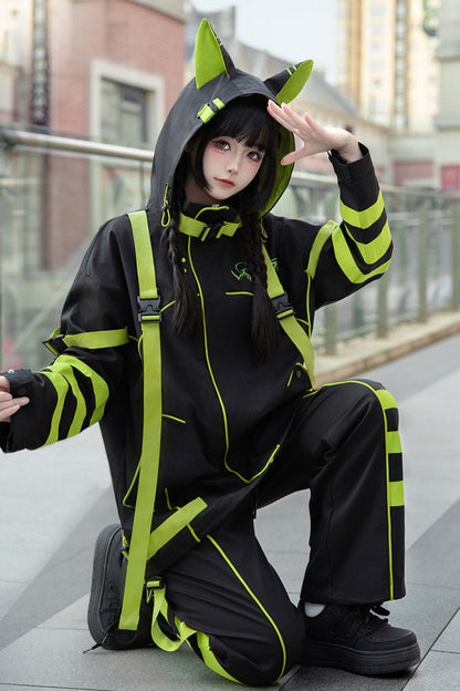 Yellow/Green/Black Long Sleeves Print Cat Ears Hooded Jirai Kei Handsome Coat