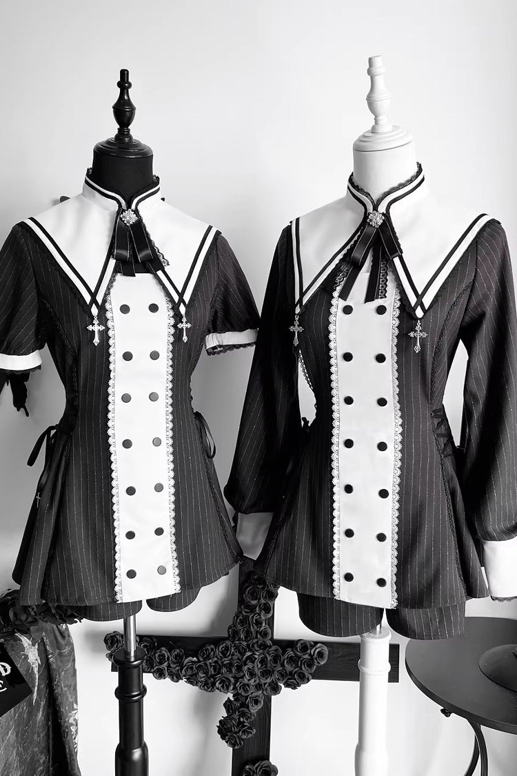 Black/White [Offbeat Confession] Long Short Sleeves Printed Ruffled Bow Gothic Jirai Kei Japanese Dress and Shorts Set
