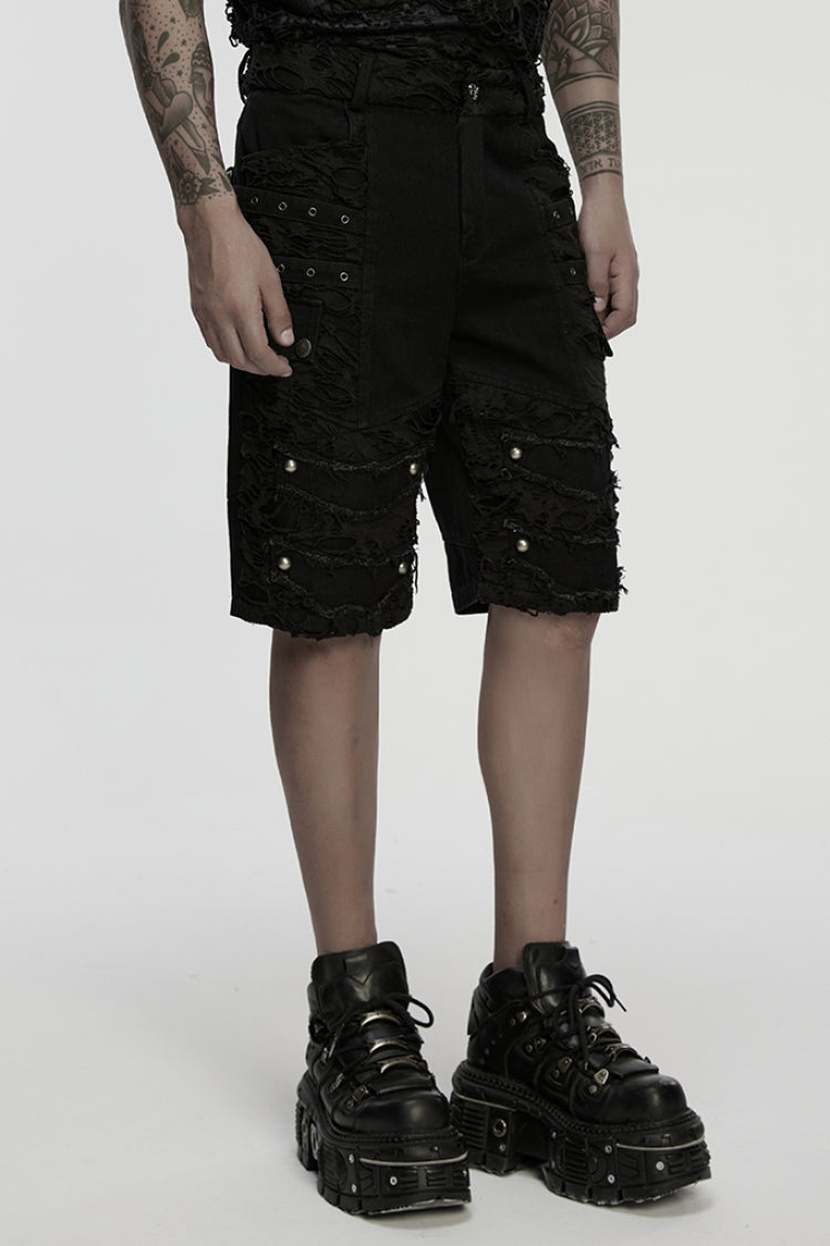 Black Ripped Eyelet Straps Men's Gothic Shorts