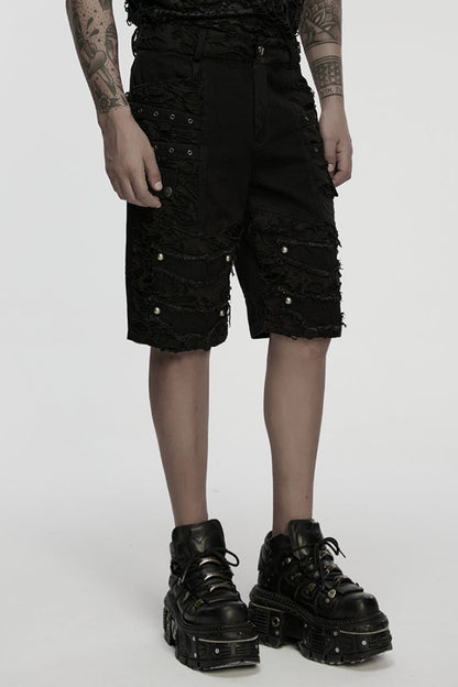 Black Ripped Eyelet Straps Men's Gothic Shorts