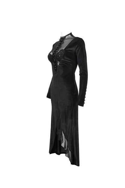 Black Small Stand Collar Cashew Paisley Lace On Chest Mesh Paneled Asymmetrical Hem Long Sleeve Women's Gothic Dress