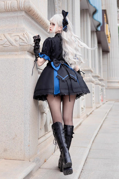 Black/Blue [Night Liana] Ruffle Bowknot Lace-Up Sweet Japanese Lolita Jumper Dress Set