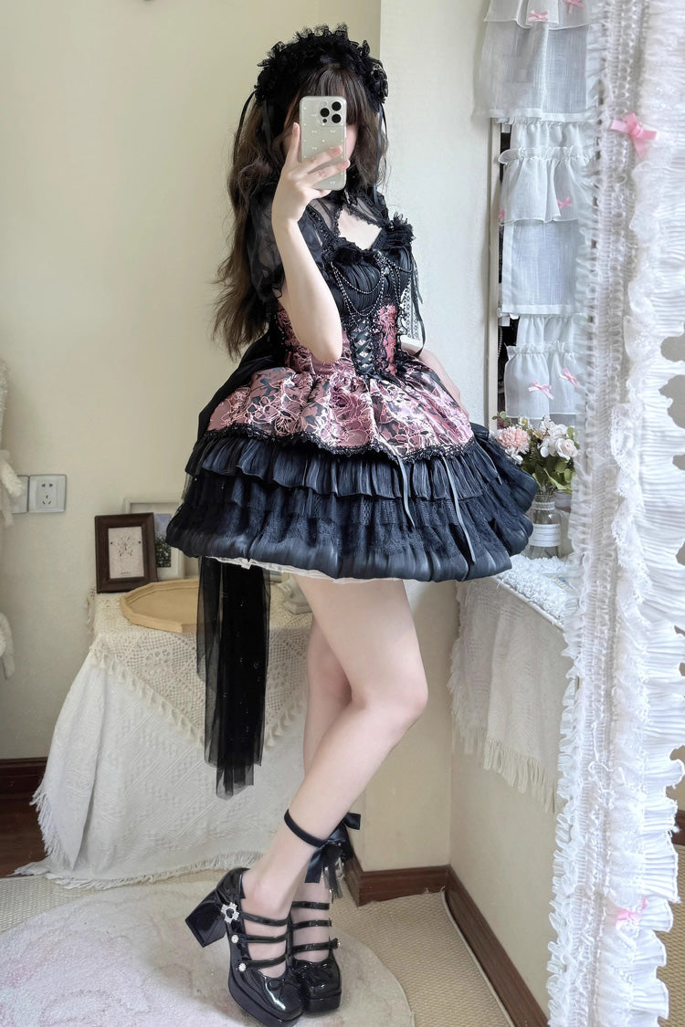 Black/Pink Ancient Dream of the Dark Night Print Ruffle Gothic Lolita Jsk Dress