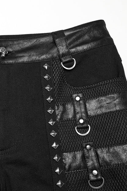 Black Stitching Mesh Buckle Straps Studded Men's Punk Pants