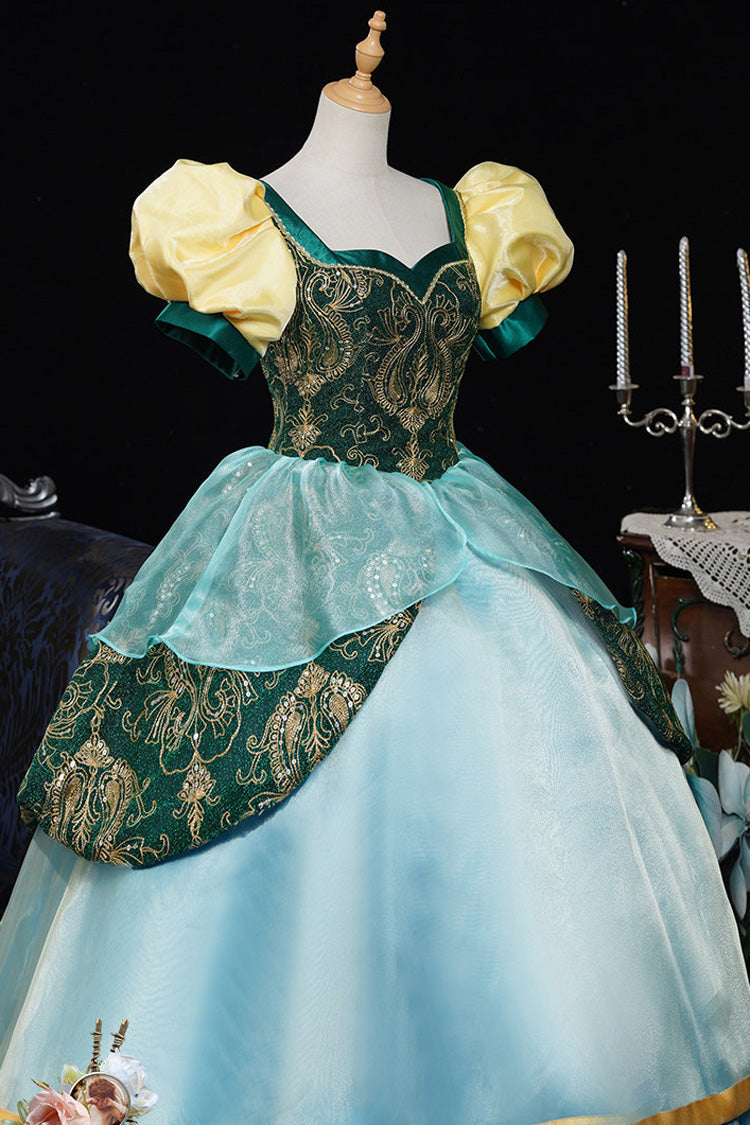 Blue/Green Square Collar Short Lantern Sleeves Multi-Layered Ruffled Embroidered Lace Gothic Vintage Princess Palace Lolita Victorian Dress