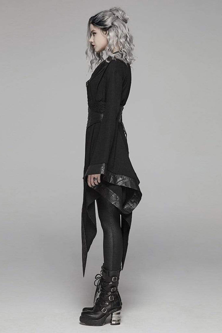 Black V Neck Metal Buckle Strap Waist Lace-Up Flare Sleeve Wave Printing Asymmetric Hem Kimono Women's Punk  Dress