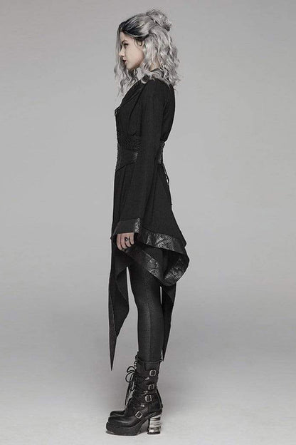 Black V Neck Metal Buckle Strap Waist Lace-Up Flare Sleeve Wave Printing Asymmetric Hem Kimono Women's Punk  Dress