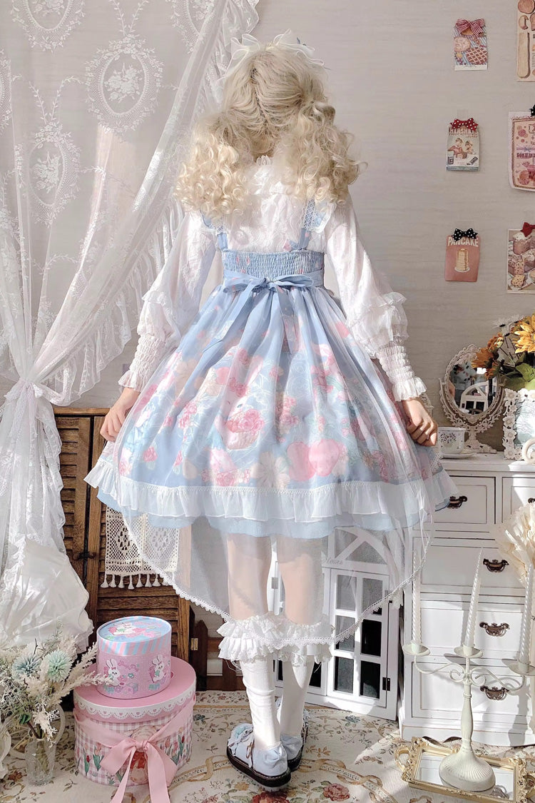 Blue Sleeveless High Waisted Rabbit Print Ruffle Bowknot Sweet Lolita Jsk Dress