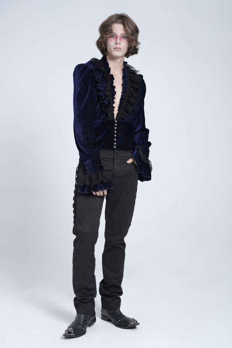 Blue V Collar Long Sleeves Ruffle Stitching Lace Men's Gothic Blouse