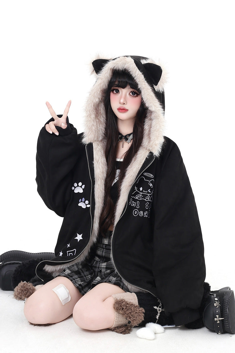 [First Generation Cute] Long Sleeves Print Cat Ear Hooded Zipper Sweet Lolita Coat 2 Colors