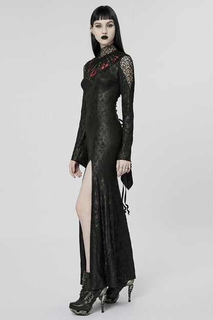 Black/Red V Collar Long Sleeves Hollow Embroidery Women's Gothic Dress