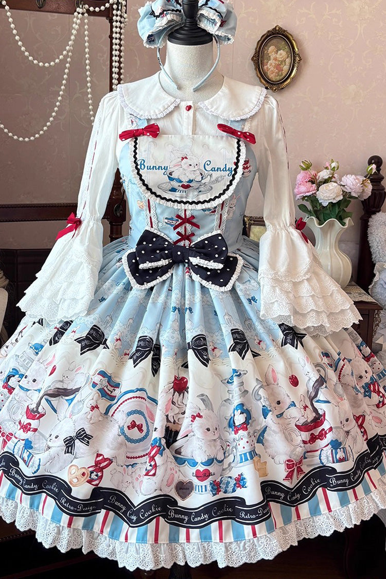 Blue [Mystery Rabbit Tea Party] Sleeveless Print Ruffle Bowknot Lace Sweet Lolita Jsk Dress
