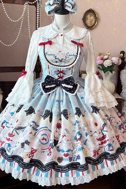 Blue [Mystery Rabbit Tea Party] Sleeveless Print Ruffle Bowknot Lace Sweet Lolita Jsk Dress