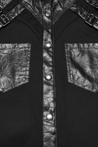 Black Stand Collar Long Sleeves Rivet Buckle Straps Eyelet Men's Punk Blouse