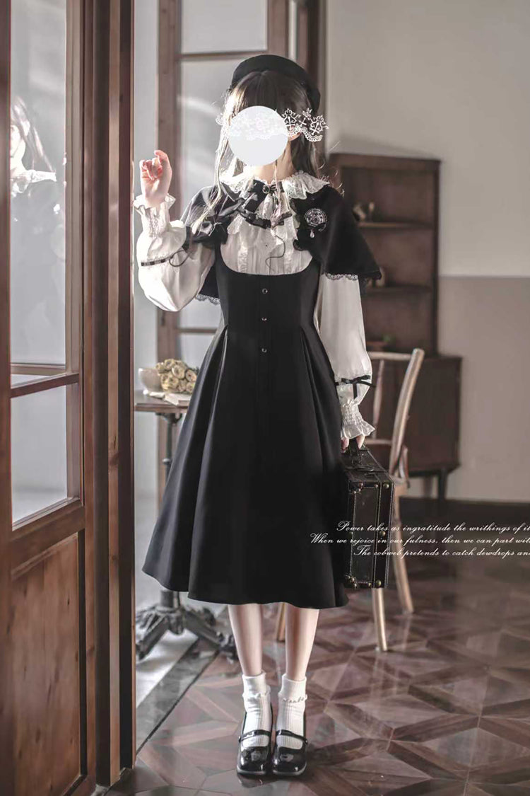 Black/White [Sunset Academy] Long Sleeves Ruffle Bowknot Fake Two Pieces Vintage College Style Elegant Lolita Dress
