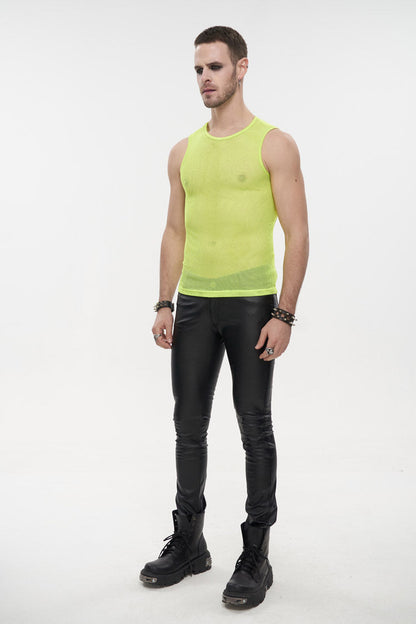 Yellow Elasticity Perspective Rhombus Net Yarn Sleeveless Men's Gothic T-Shirt