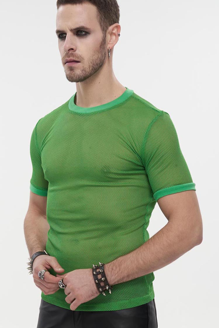 Green Gothic Crew Neck Diamond-Shaped Net Hyperelastic Short Sleeve Men's T-Shirt