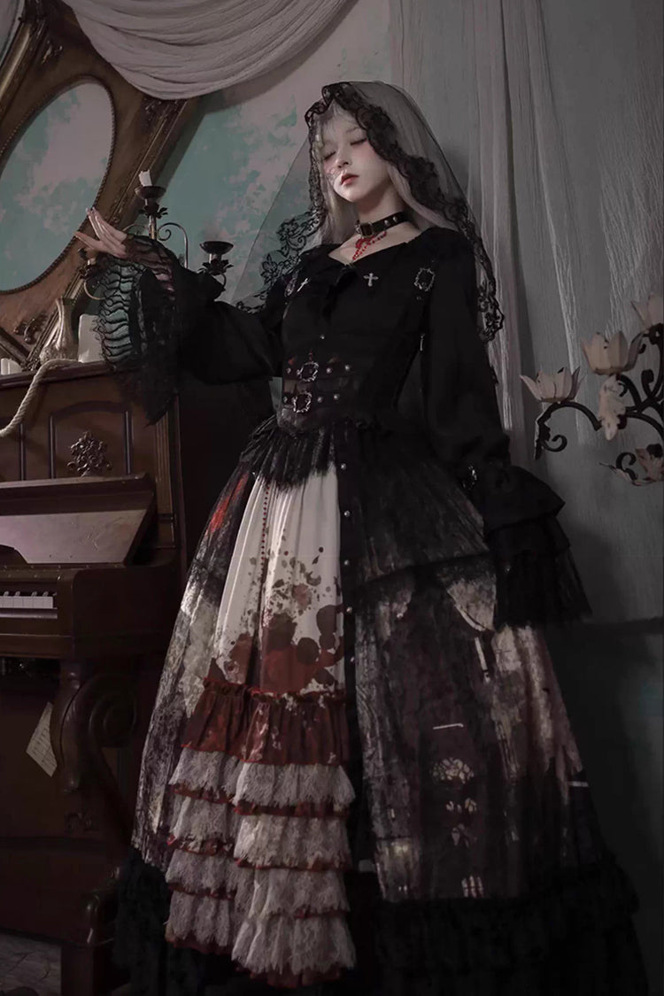 [Heretical Nun] Sleeveless Multi-Layered Printed Ruffled Open-Front Gothic Plus Size Lolita Strap Dress Long Version 2 Colors