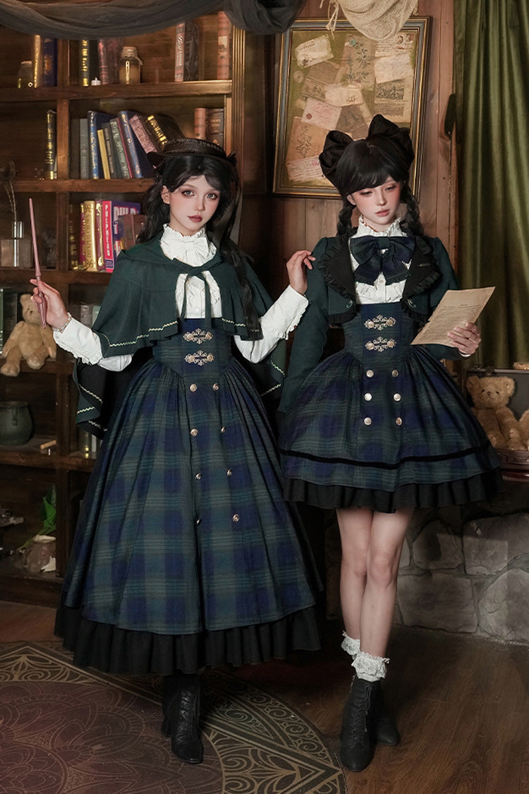Blue/Green [Berlin's letter] Double-Layered Plaid Print Ruffle Bowknot Classic College Style Lolita Strap Dress Set 2 Versions