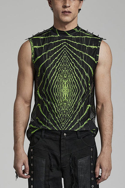 Halo Print Sleeveless Stitching Mesh Rivets Mens Steampunk T-Shirt 2 Colors