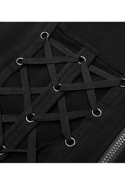 Black Punk Front Lace Up Decoration Long Sleeve Knit Hoodie Men's Coat