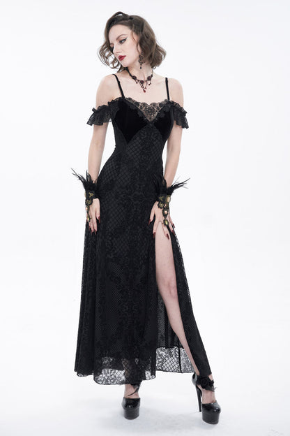Black Velvet Lace Off Shoulder Ruffled Double Layer Slit Women's Gothic Dresses