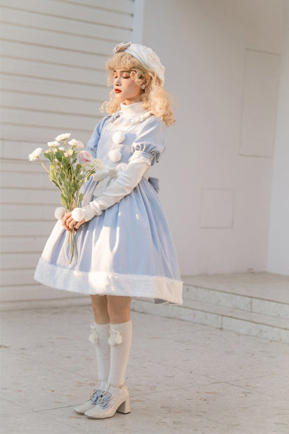 Blue Square Collar Short Sleeves Waist Bow Winter Star Sweet Lolita Dress