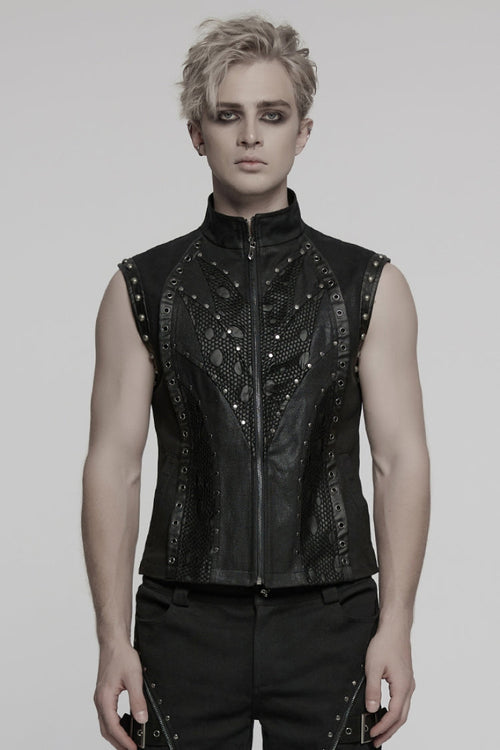 Black Stand Collar Stitching Mesh Men's Punk Vest