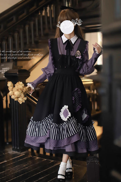 Black [Witch Academy] Double-Layered Stripe Print Ruffle Bowknot Irregular Sweet Lolita Jumper Dress
