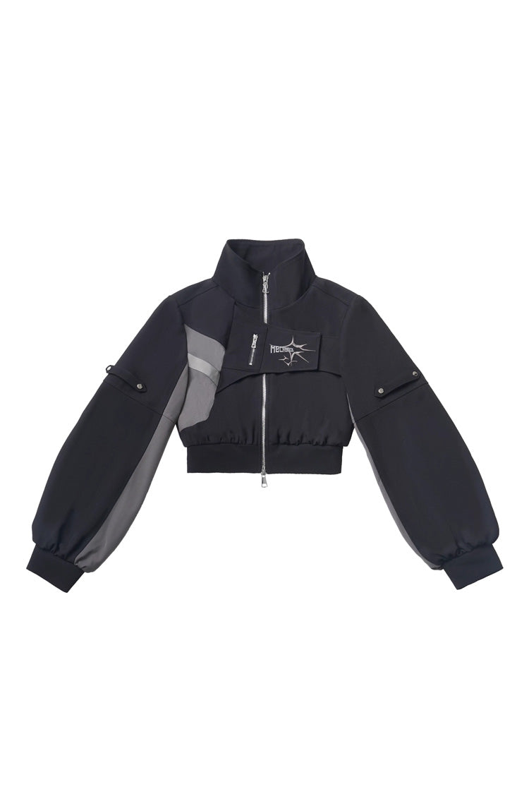 Black [Holographic Cruise] Techwear Long Sleeves Spliced Zippered Gothic Jirai Kei Pants and Short Coat Set