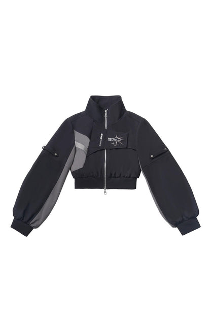Black [Holographic Cruise] Techwear Long Sleeves Spliced Zippered Gothic Jirai Kei Pants and Short Coat Set