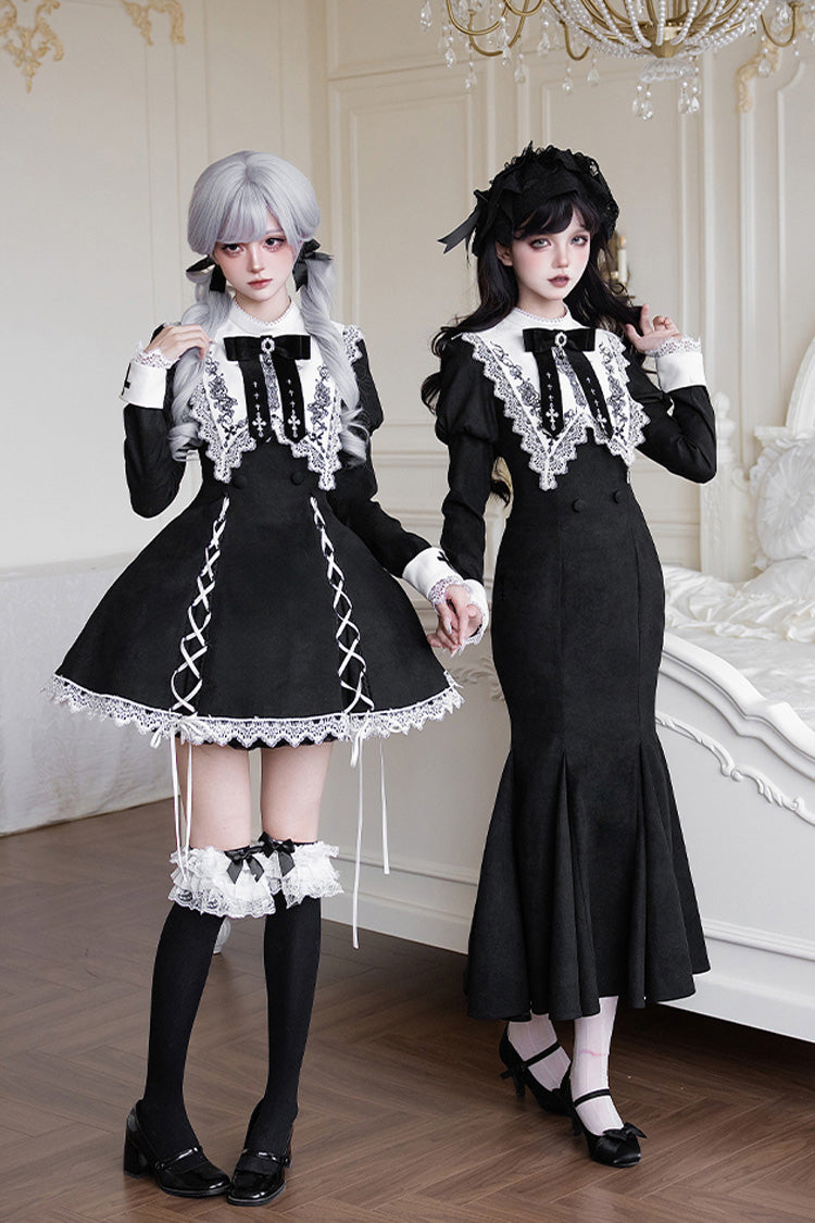 Black/White [Rose Doll] Square Collar Long Sleeves Bowknot Lace-Up Gothic Lolita Dress Set 2 Versions