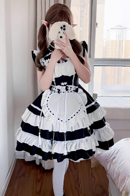 Black/White Love Double-Layered Ruffle Bowknot Sweet Plus Size Chinese Style Lolita Dress Full Set