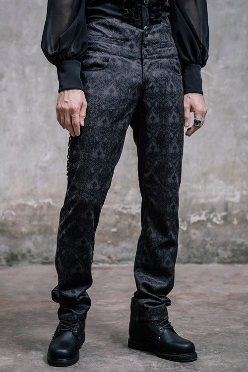 Black Side Discoid Flowers Back Waist Lace Up Gothic Jacquard Mens Pants