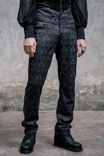 Black Side Discoid Flowers Back Waist Lace Up Gothic Jacquard Mens Pants
